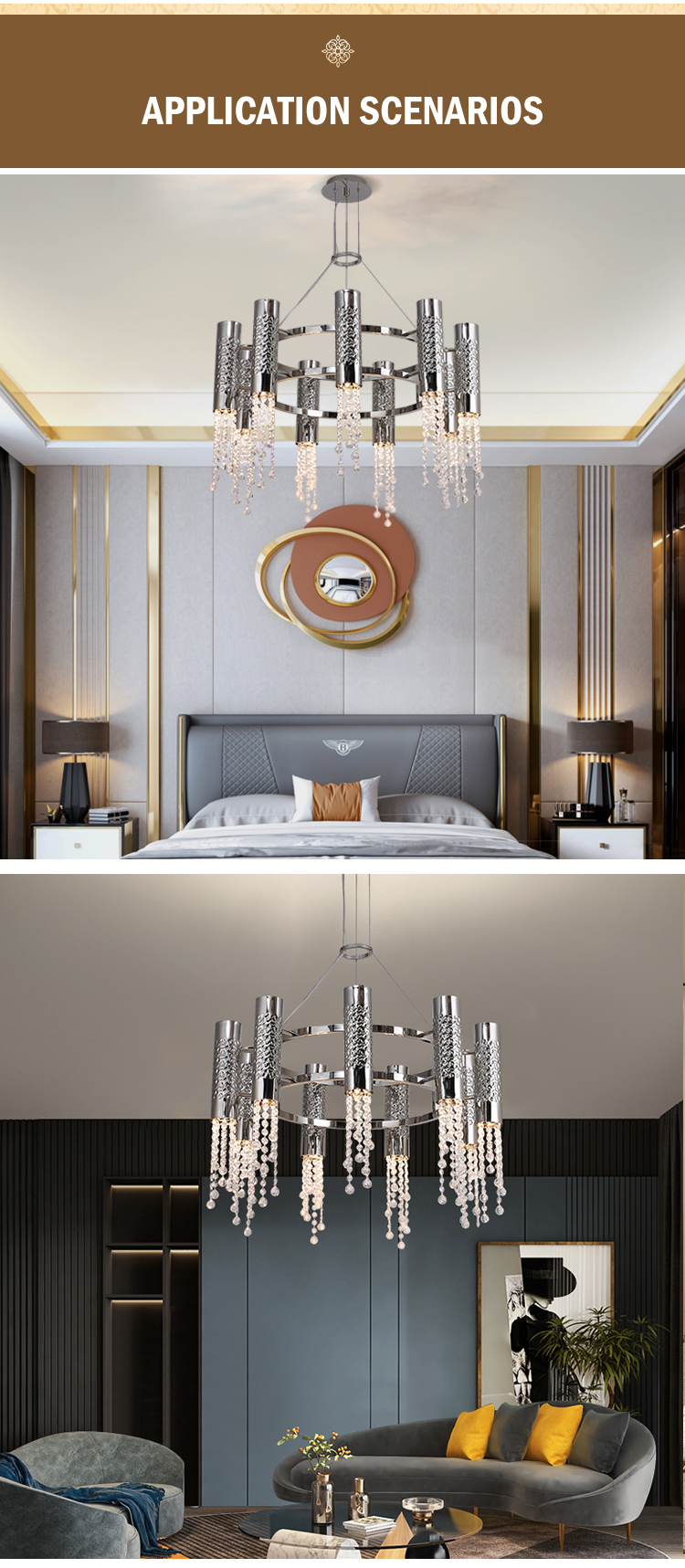 Phòng khách trong nhà theo phong cách hiện đại Châu Âu Biệt thự Gu10 Đồng K9 Đèn chùm LED hình trụ