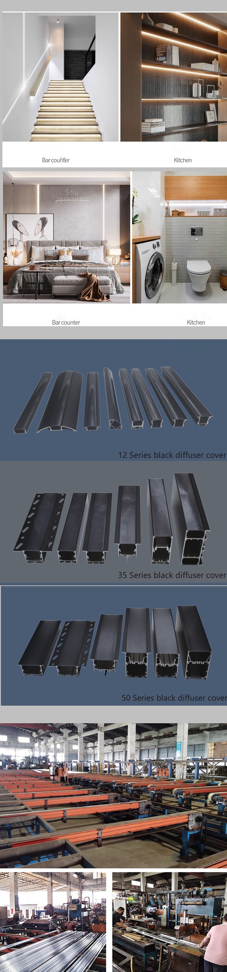 1m 2m 3m Indoor Lighting  Linear Profile plastic diffusor pc cover Extrusion