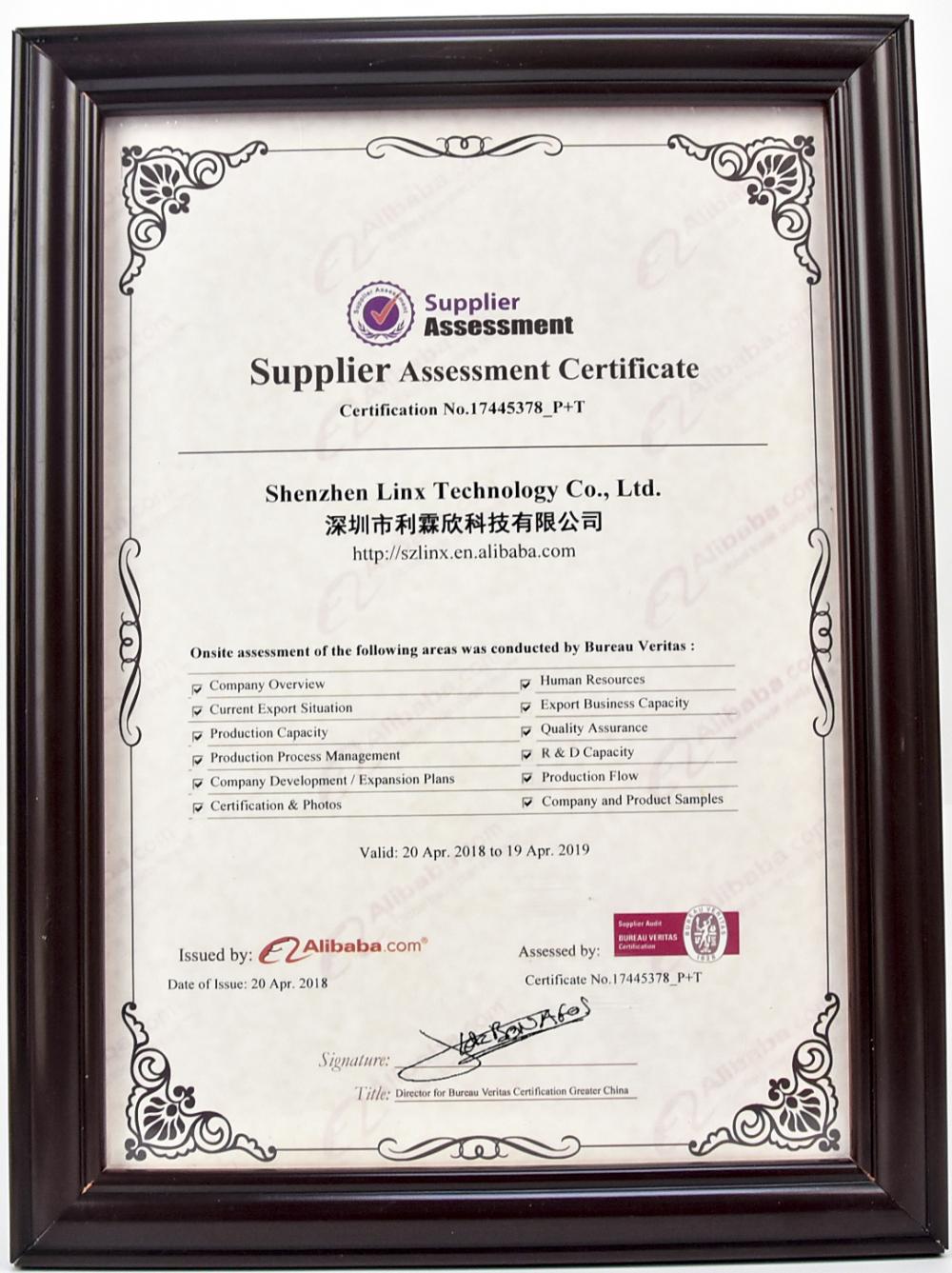 Supplier Assessment Certificate