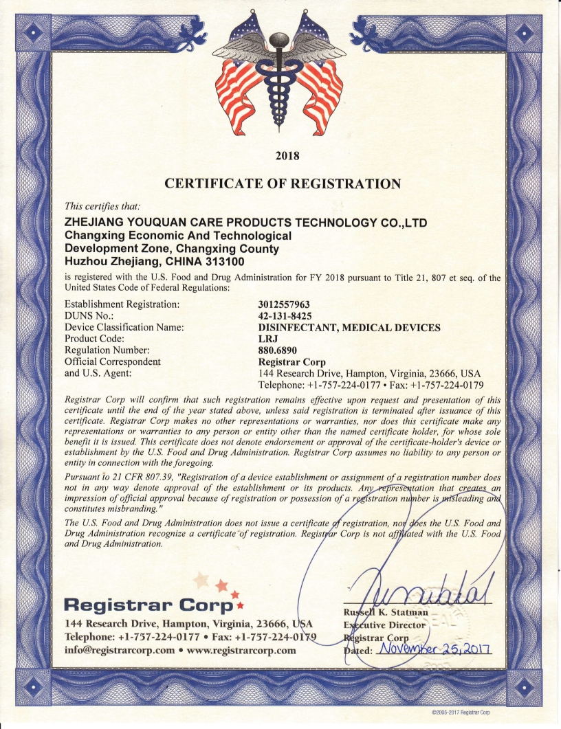 FDA CERTIFICATE OF REGISTRATION