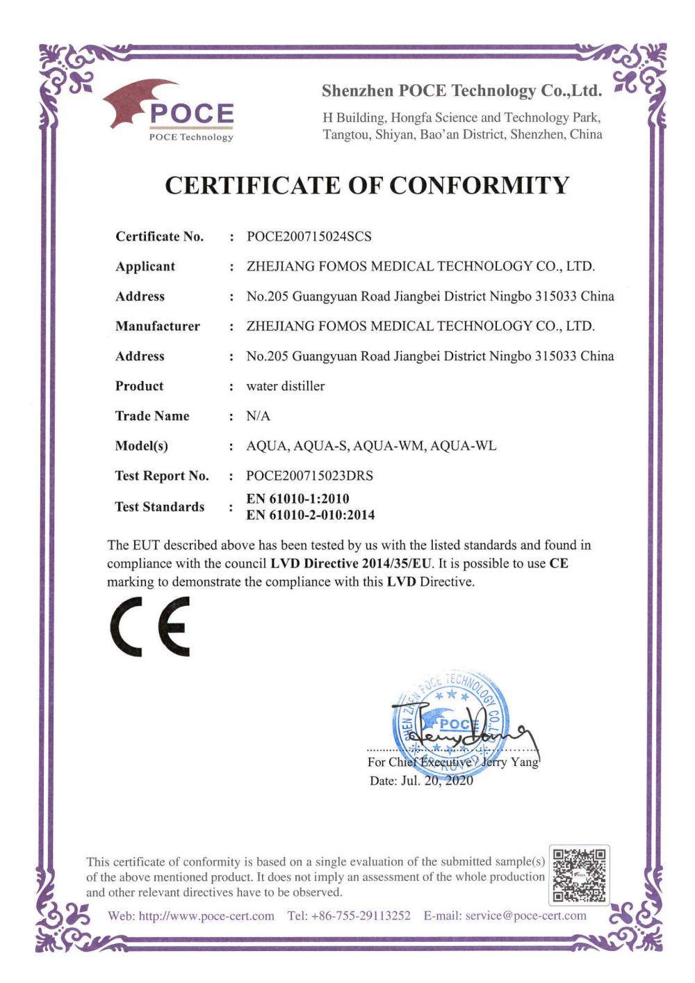 CERTIFICATE OF CONFORMITY