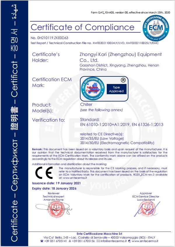 CE Certificate for chiller 