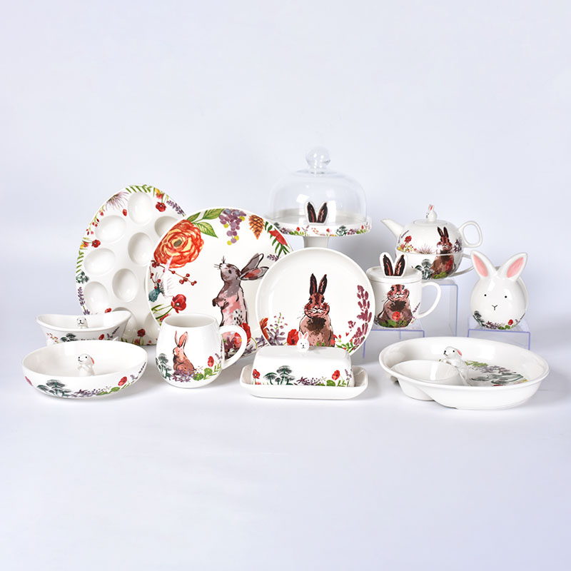 Amazon Easter Bunny Theme Cute Animal Plate set tableware White Children Ceramic Dinnerware