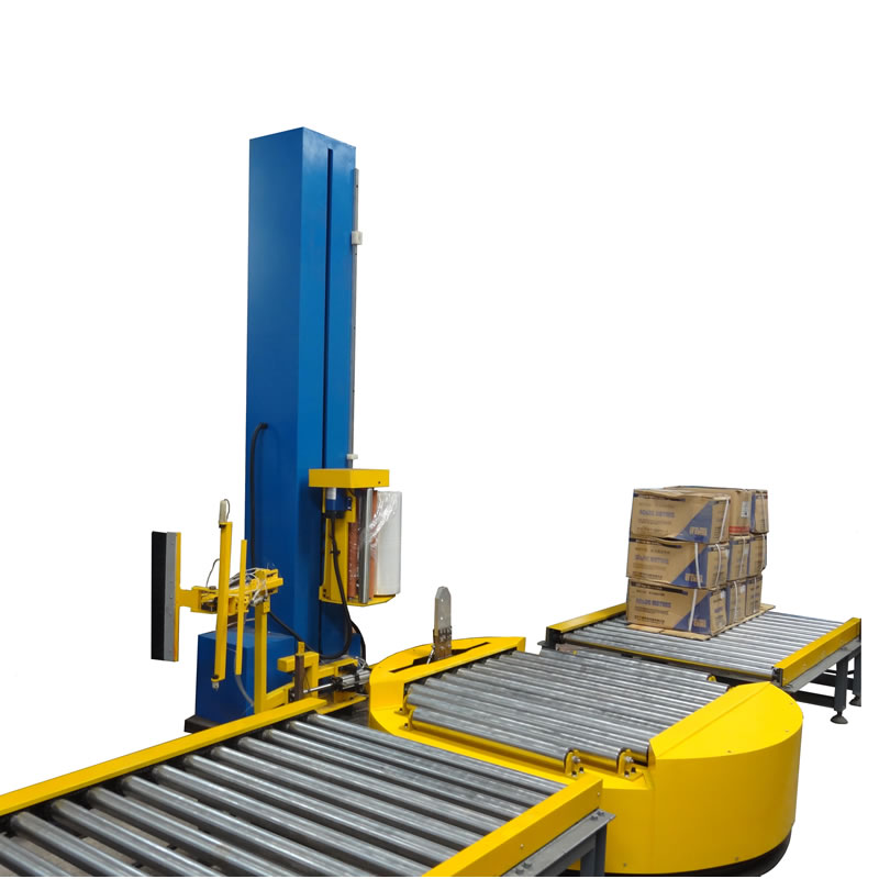 Conveyor pallet wrapping machine