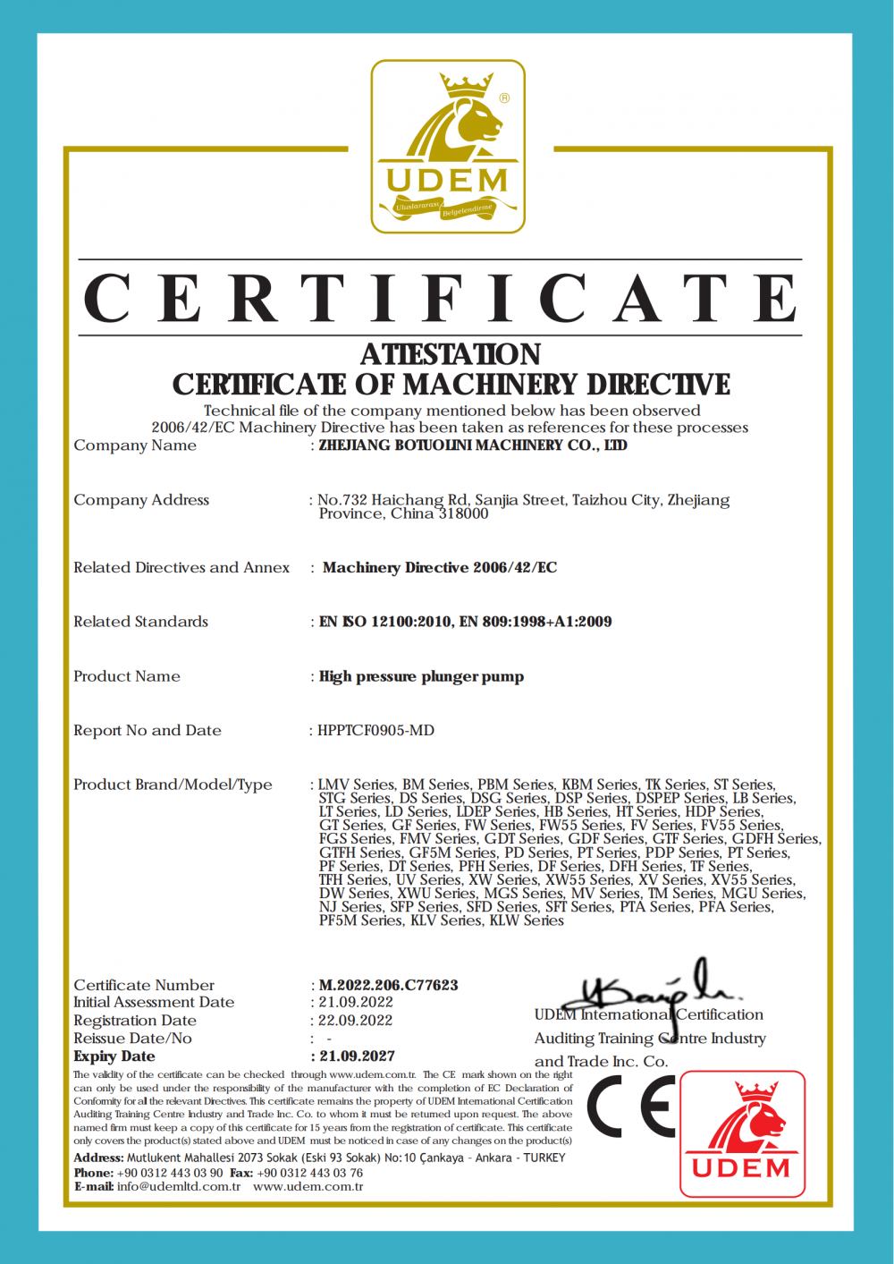 CERTIFICATE OF MACHINERY DIRECTIVE