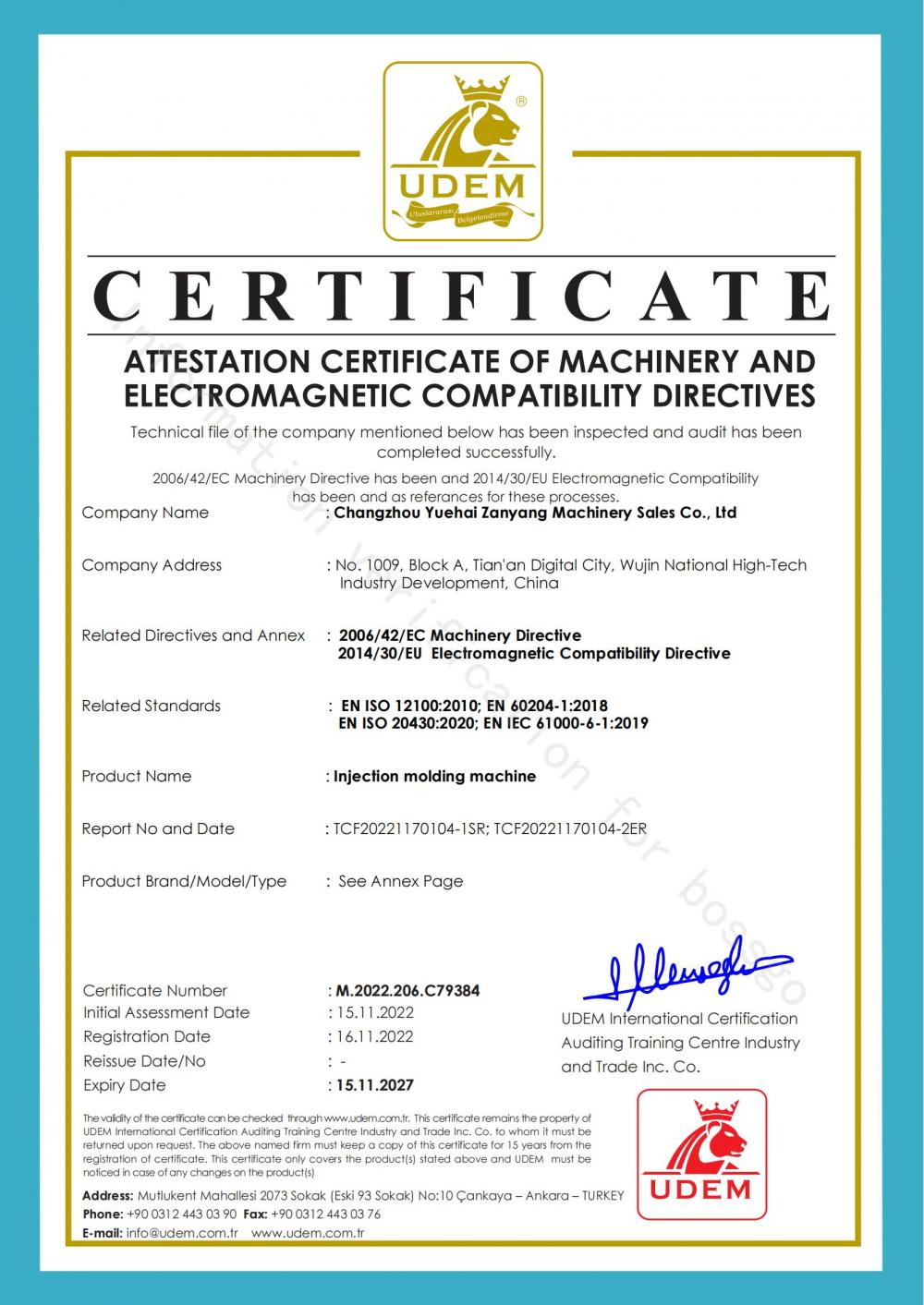 ATTESTATION CERTIFICATE OF MACHINERY AND ELECTROMAGNETIC COMPATIBILITY DIRECTIVES