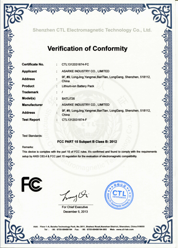 FCC PART 15 Subpart B Class B: 2012