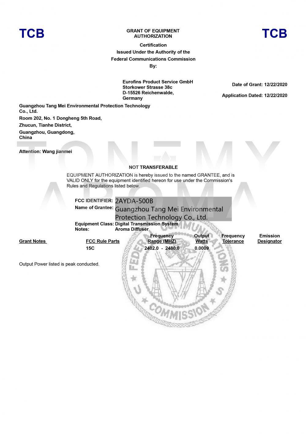 Bluetooth control diffuser FCC certificate