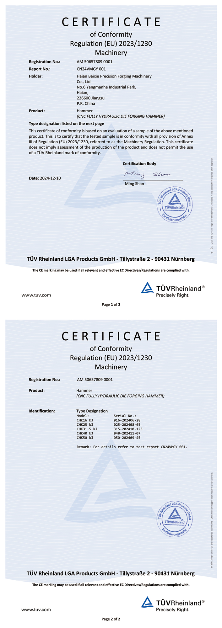 EC Export Certificate for CNC Full Hydraulic Die Forging Hammer