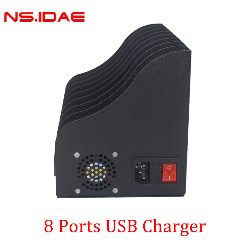The 8-port smart USB charger has a cooling fan and a 3-in-1 switch on the right side The 8-port smart USB charger has a cooling fan and a 3-in-1 switch on the right side