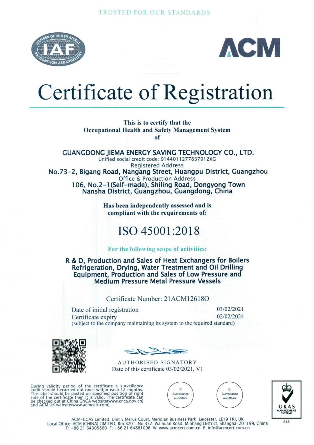 ISO certification of Occupational Health and Safety Management System 2021-2024