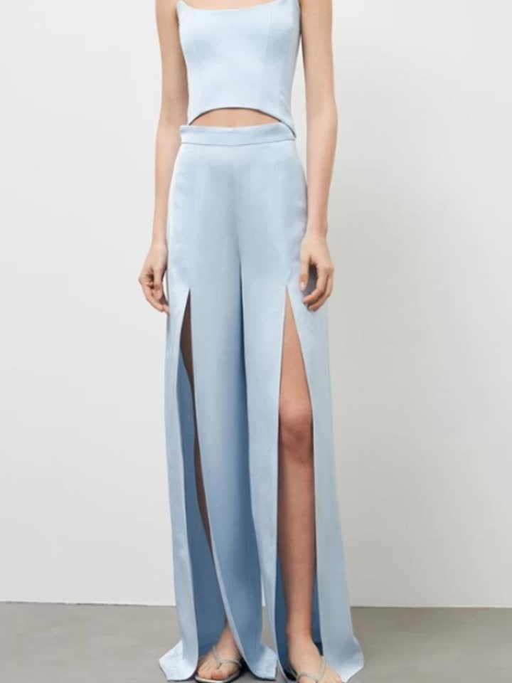 Tencel One line Neck Top Split Pants Set