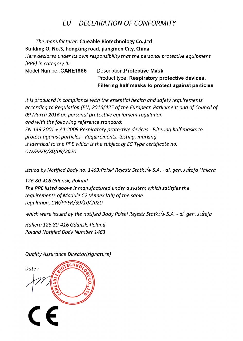 EU DECLARATION OF CONFORMITY of Model CARE1986