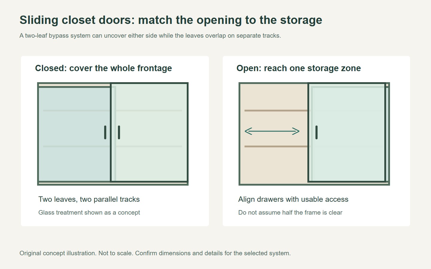 Original closet frontage drawing showing how overlapping leaves uncover one storage zone