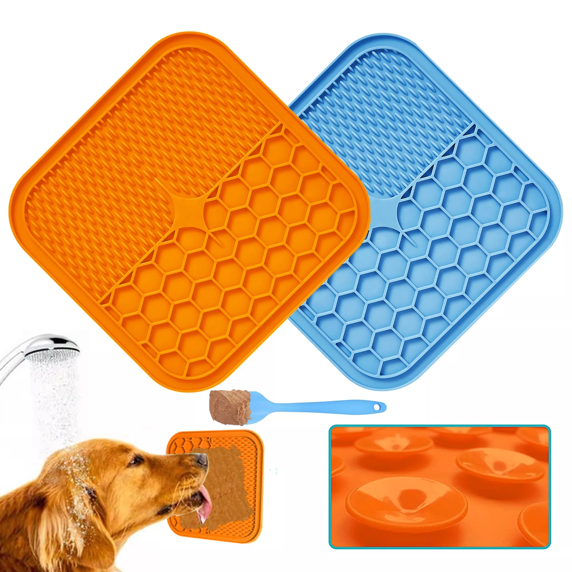 PERRO Lamiendo la estera con las ventosas de la estera de silicona de grado alimenticio sin BPA para la diversión, la ansiedad y el alivio del aburrimiento. Tazas de succión fuertes para facilitar el aseo y la alimentación lenta de suministros para mascot