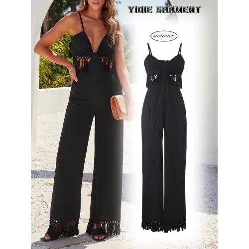 Black Tassel Fringes Open Back Wide Leg Jumpsuit