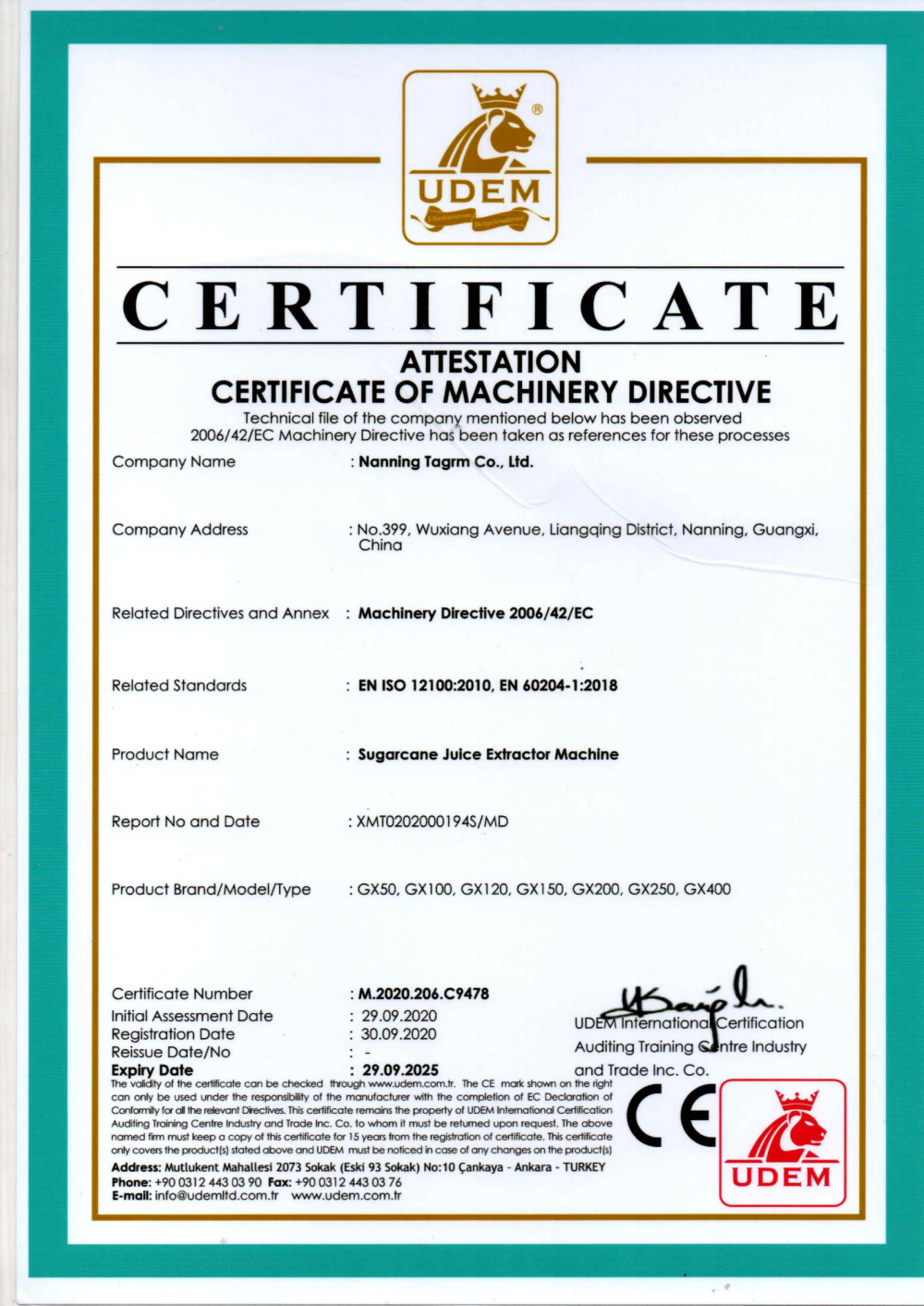 ATTESTATION CERTIFICATE OF MACHINERY DIRECTIVE