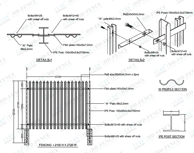 Wholesale High Quality Powder Coated W &amp; D Section Steel Picket Palisade Security Fence