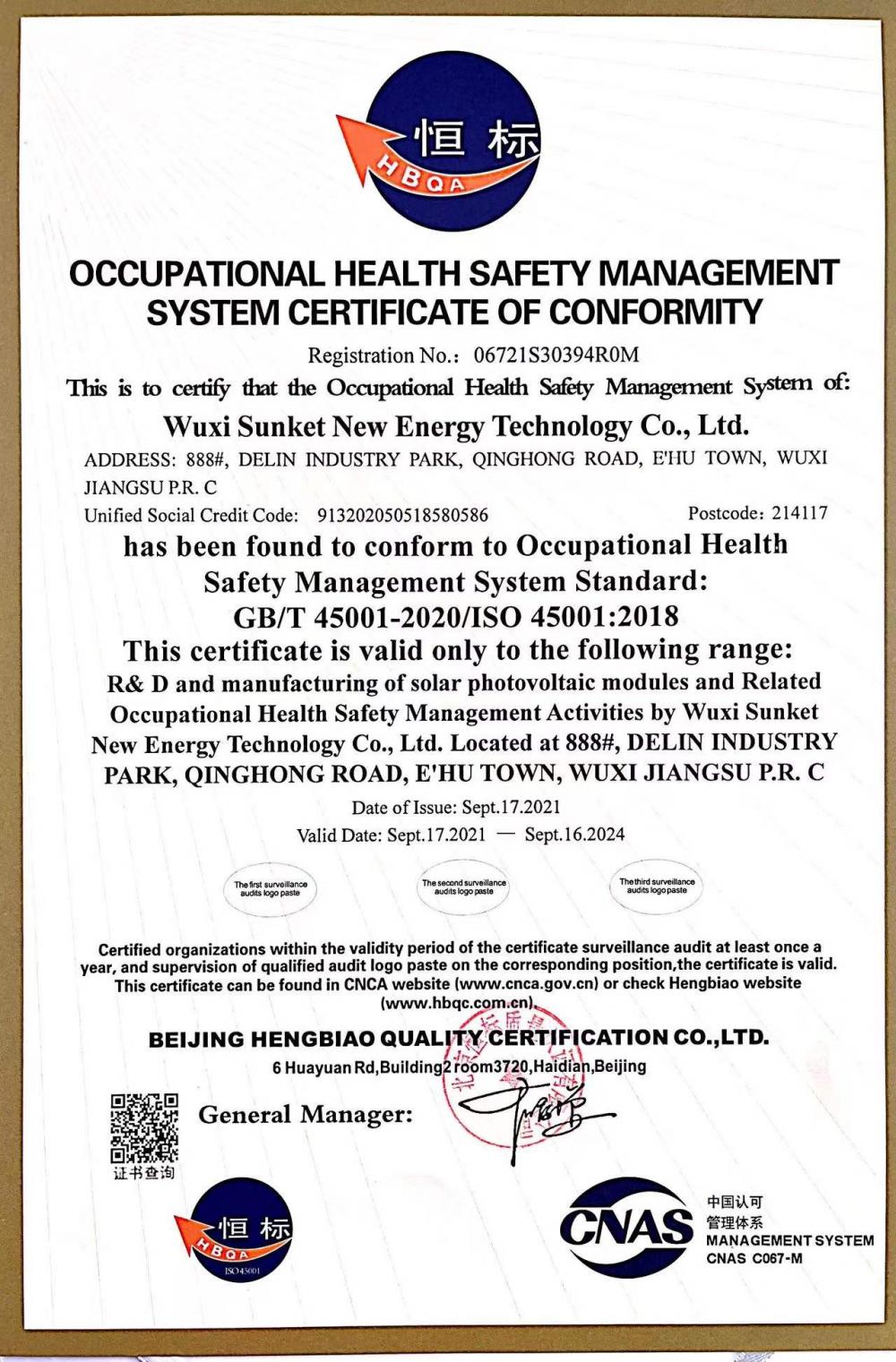 OCCUPATIONAL HEALTH SAFETY MANAGEMENT SYSTEM CERTIFICATE OF CONFORMITY