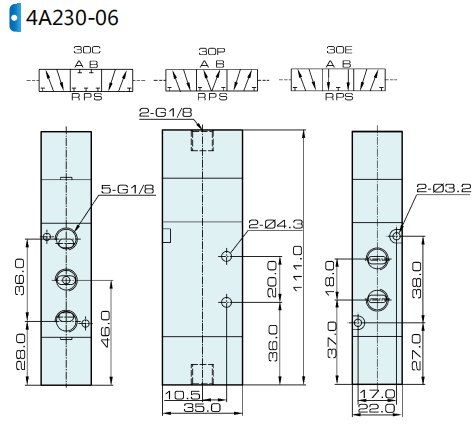 4A230C-06 4A230E-06 4A230P-06 Airtac نوع الهواء الطيار صمام 5/3 الطريق 0