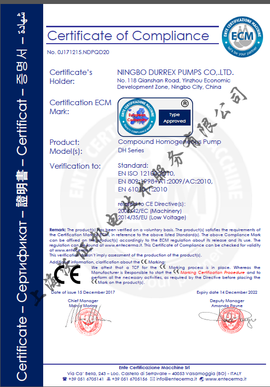 CE CERTIFICATION OF HOMOGENIZER