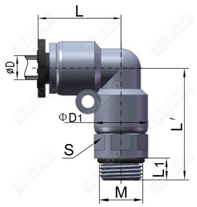 PL 남성 90도 팔꿈치 공압 호스 피팅 1/8 ''1/4 ''3/8 ''1/2 ''0