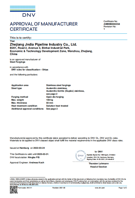 Approval of Manufacturer Certiﬁcate-Steel Forgins 