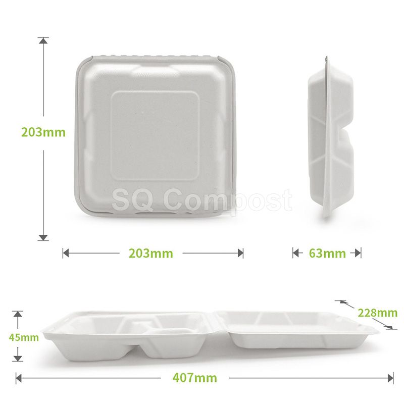 Bagasse Tableware Clamshell Boxes with 3-Compartment