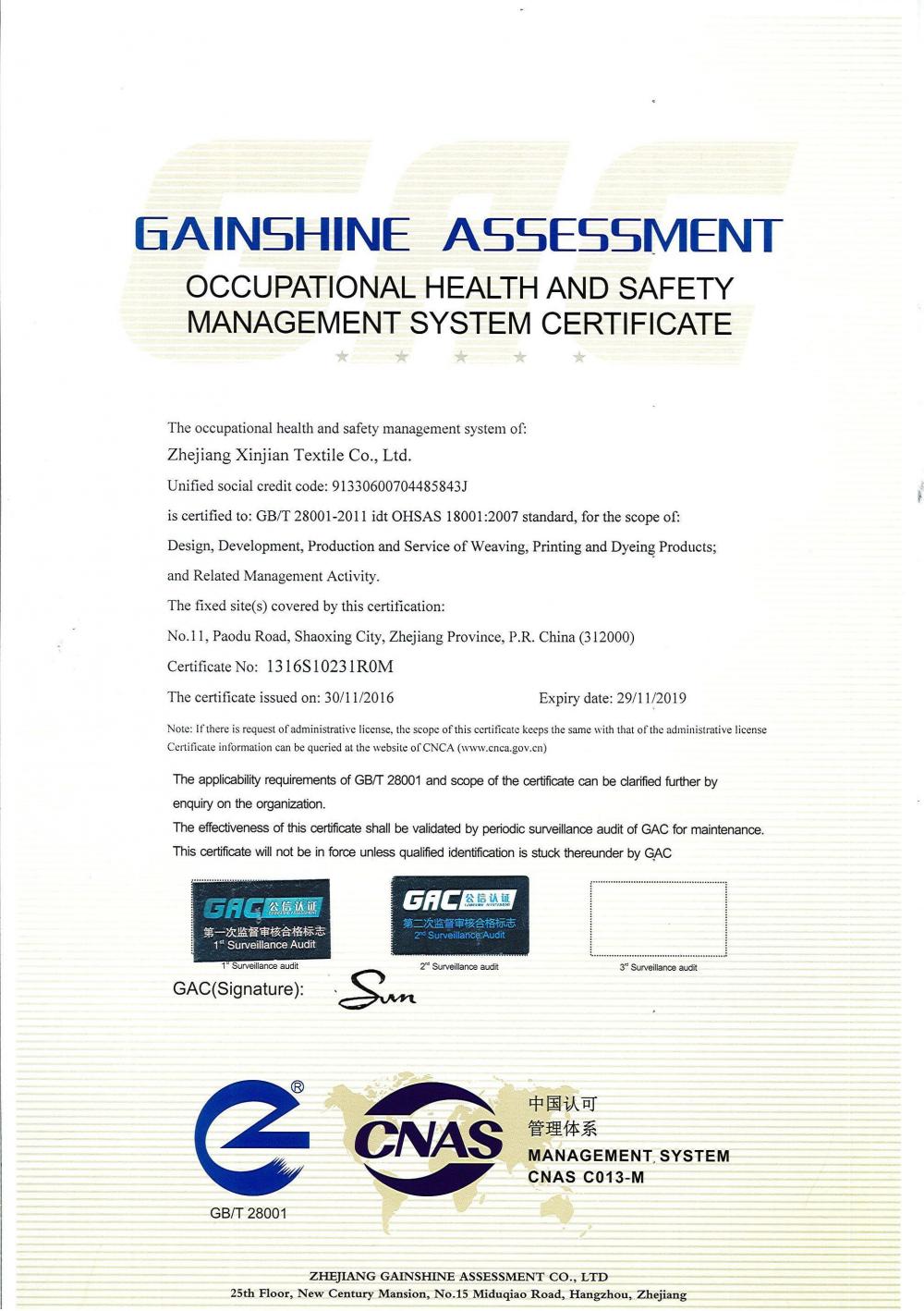 OCCUPATIONAL HEALTH AND SAFETY MANAGEMENT SYSTEM CERTIFICATE