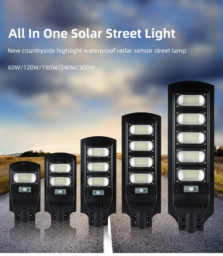 Ip65 Outdoor 60Wattt 120Wattt 180Wattt 240Wattt 300Wattt Sensor de movimiento integrado Todo en uno Farola solar LED