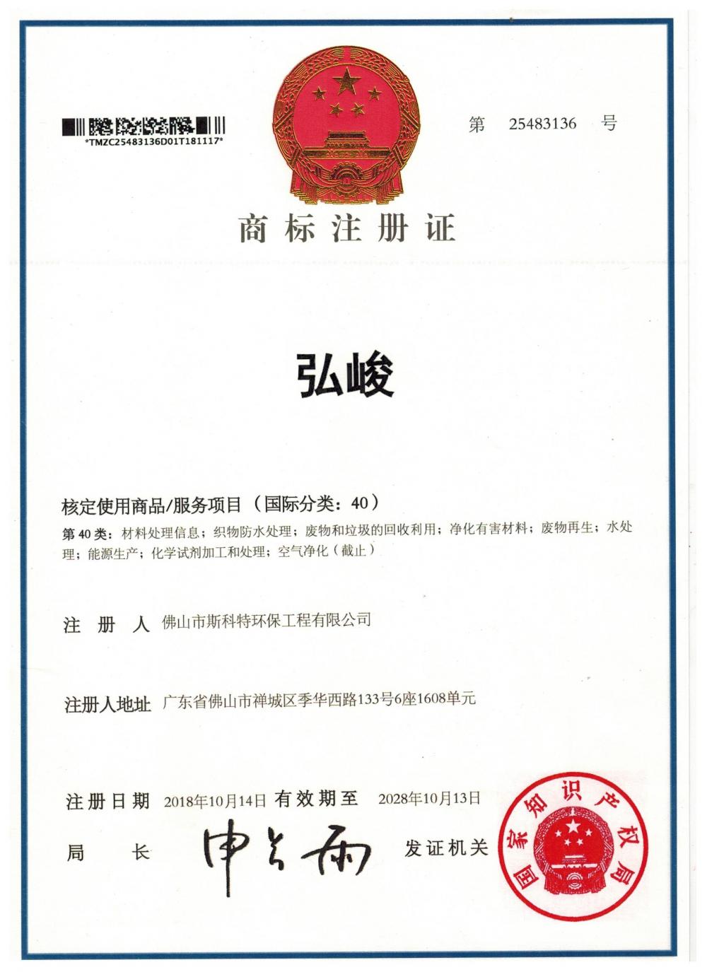 Hongjun Trademark Registration Certificate