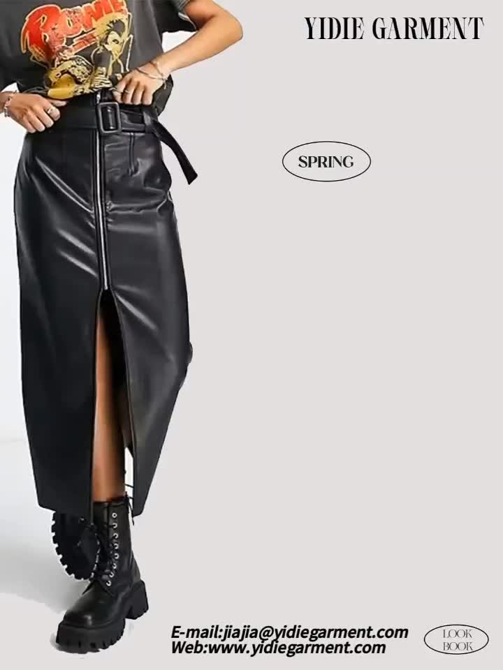 faux leather belted midi skirt with zip