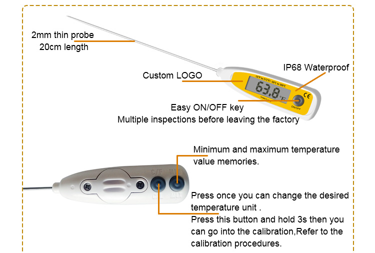 30cm problu dijital pişirme gıda et termometresi, azaltılmış uç problu 1.8mm
