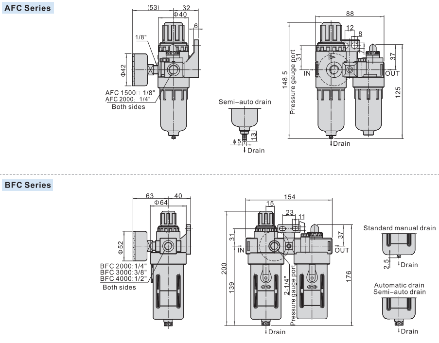 AFC BFC Series Airtac Tipo FRL Regulador de filtro de ar pneumático Lubricador 3