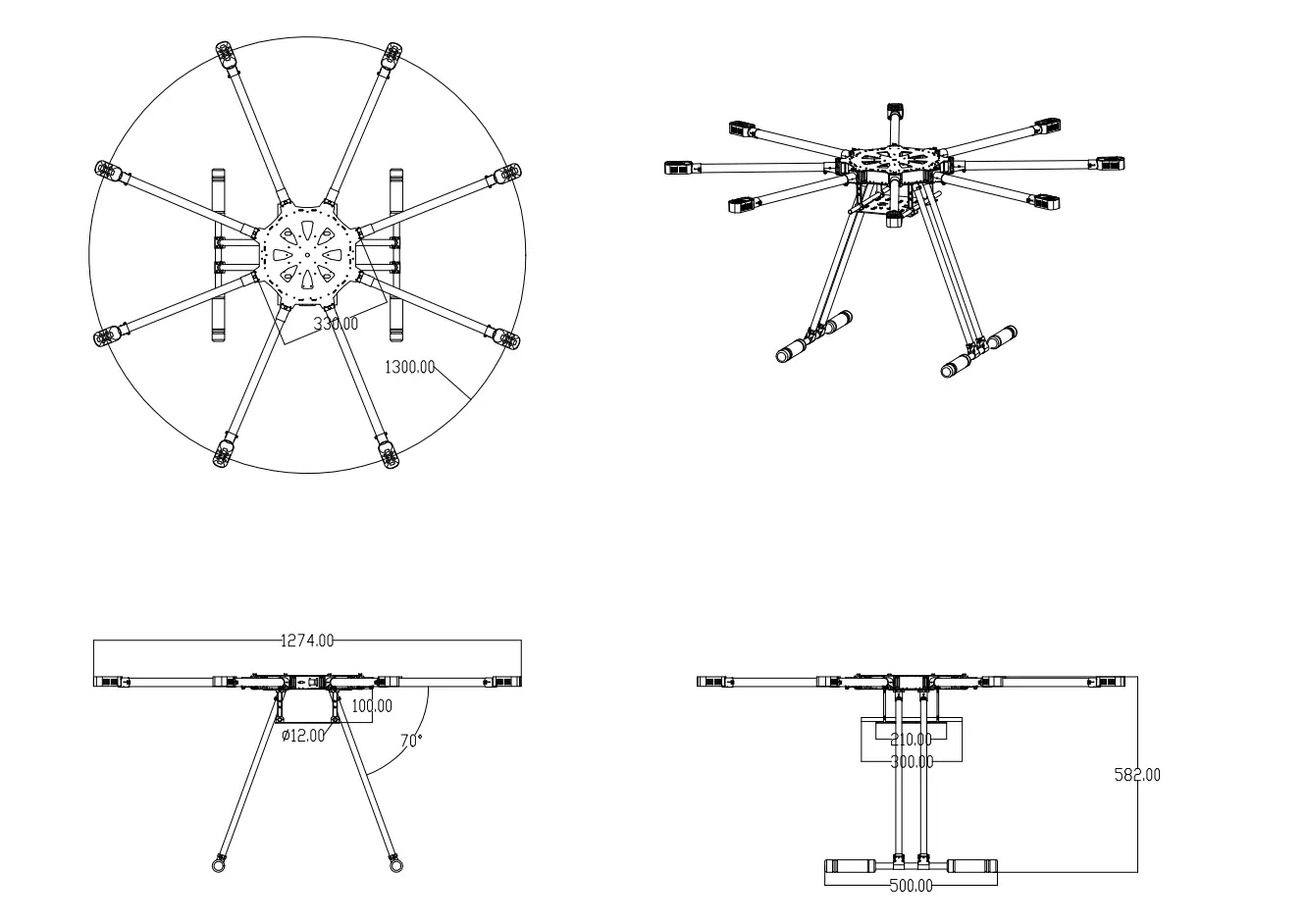 JMRRC ร่มพับได้ 8 แกนคาร์บอนไฟเบอร์ multicopter DIY Octocopter Drone กรอบ Landing Gear + Gimbal Mount สำหรับ RC โดรน