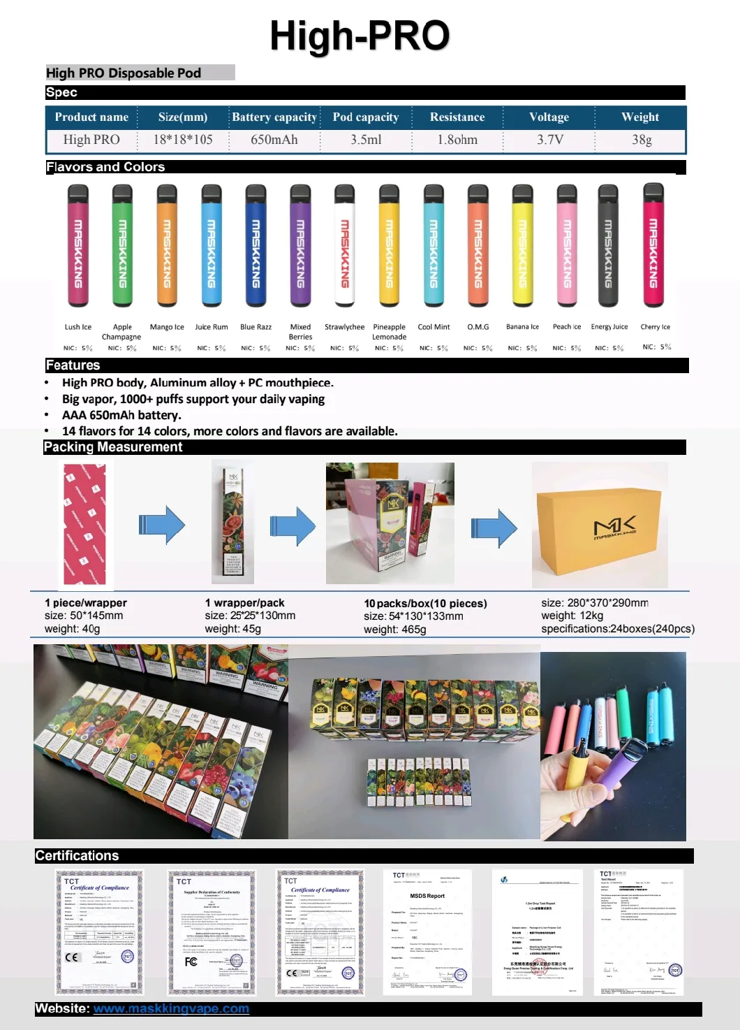 OEM 1000 + Puffs Fruit Flavours Hot-Selling Maskking Best Disposable Vape High PRO