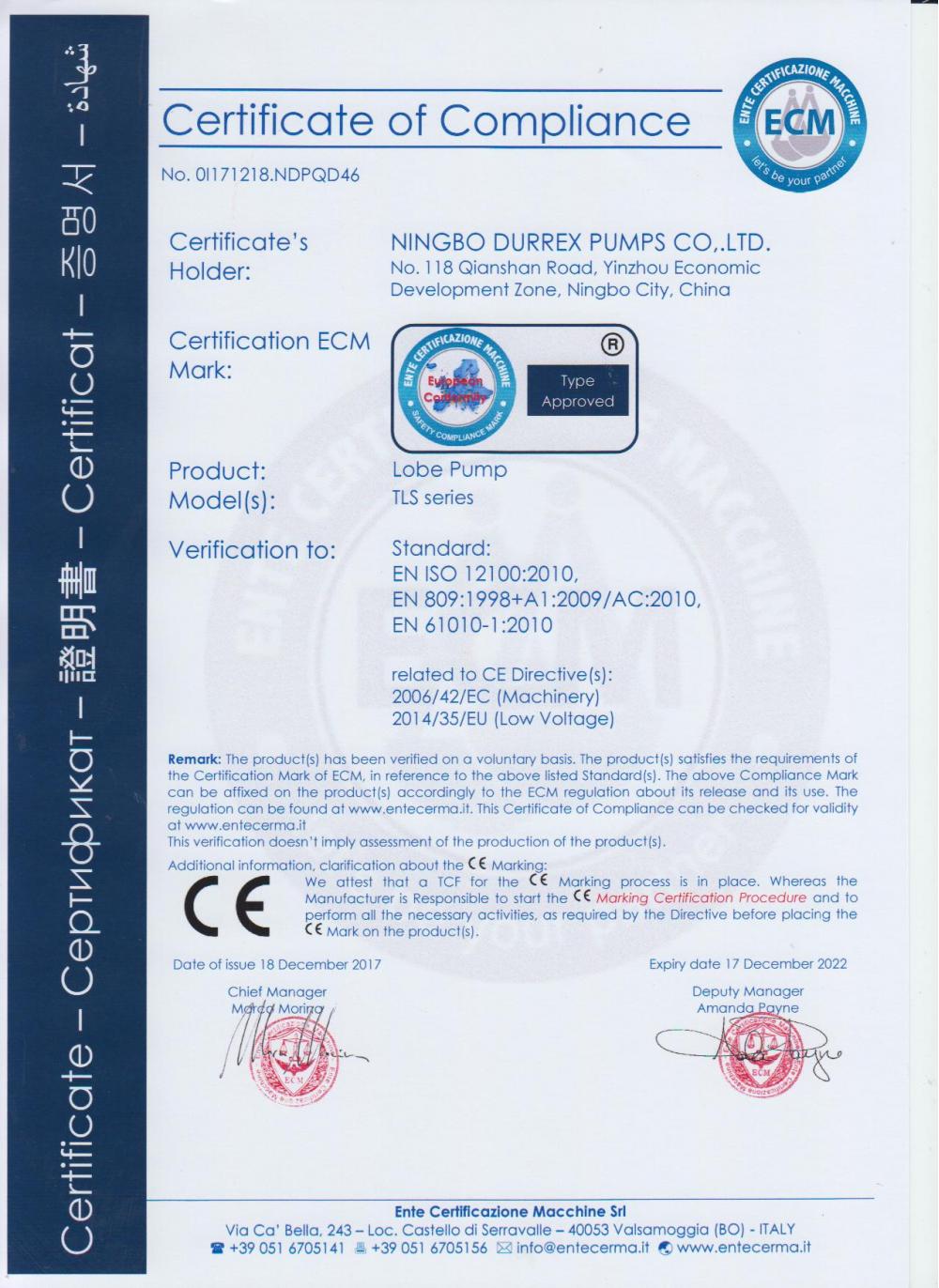 CE CERTIFICATION OF LOBE PUMP