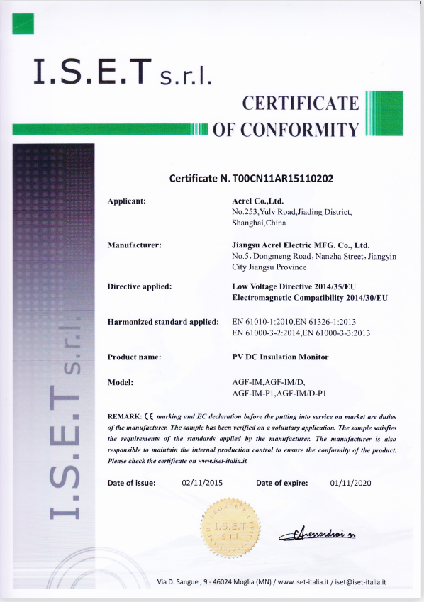 AGF-IM PV DC Insulation Monitoring Device Certificate of Compliance