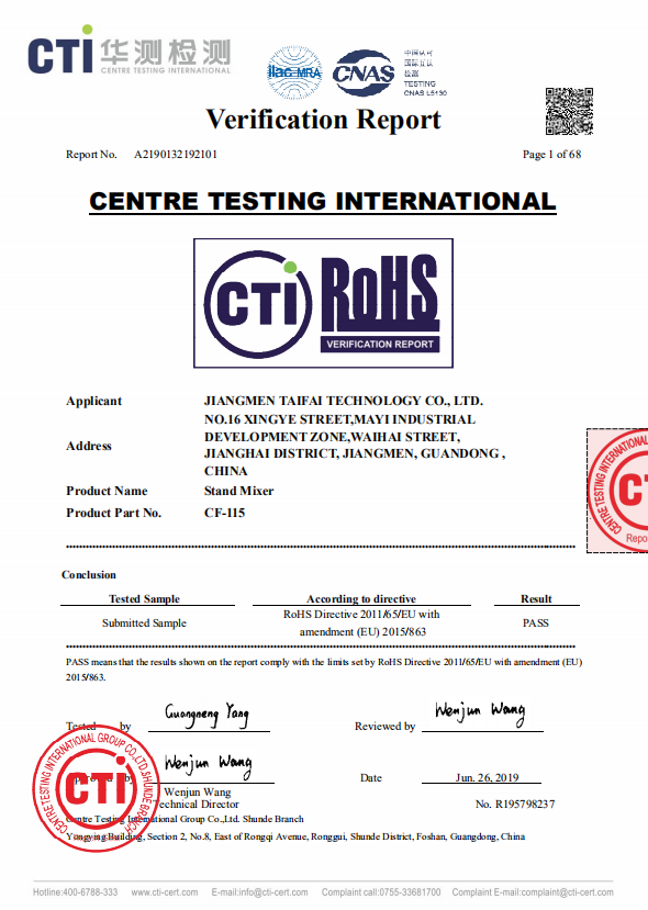 FOOD MIXER ROHS CERTIFICATE