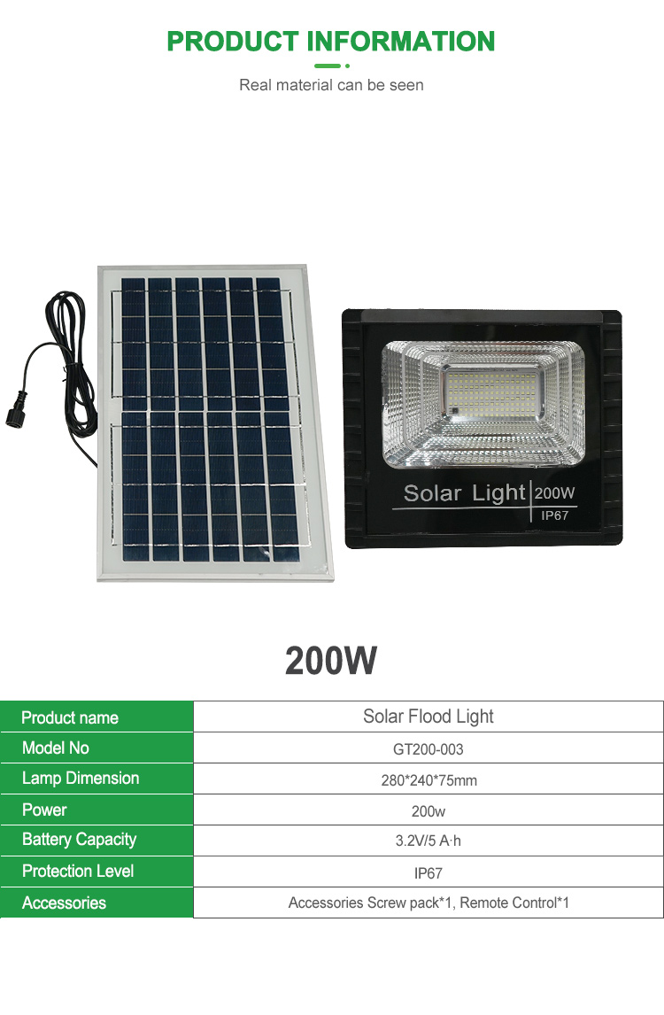 G-luzes de alto lúmen ip67 à prova d'água ao ar livre ABS controle remoto smd 200w led holofote solar