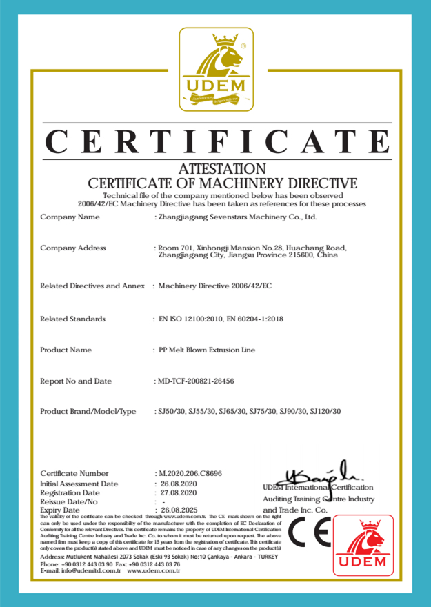 attestation certificate of machinery directive