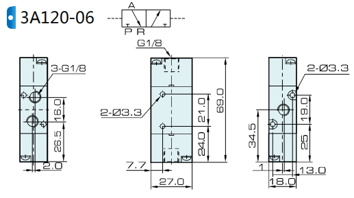 3A120-06 Airtac 유형 공압 이중 공기 파일럿 밸브 3 웨이 0