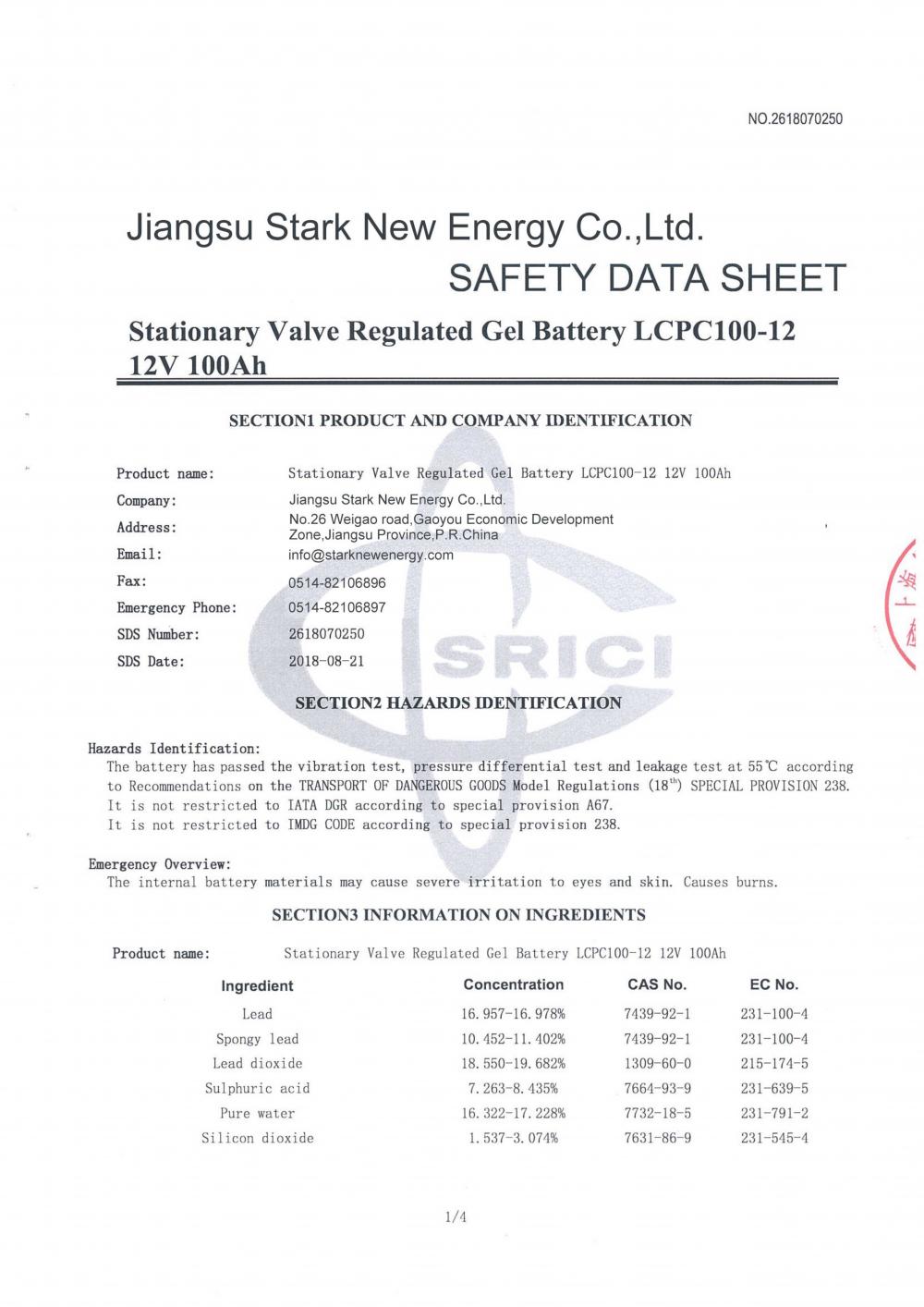 MSDS for 12V100AH gel battery