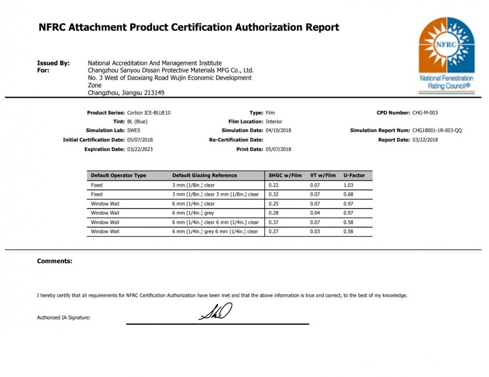 NFRC Attchment Product Certification Authorization Report