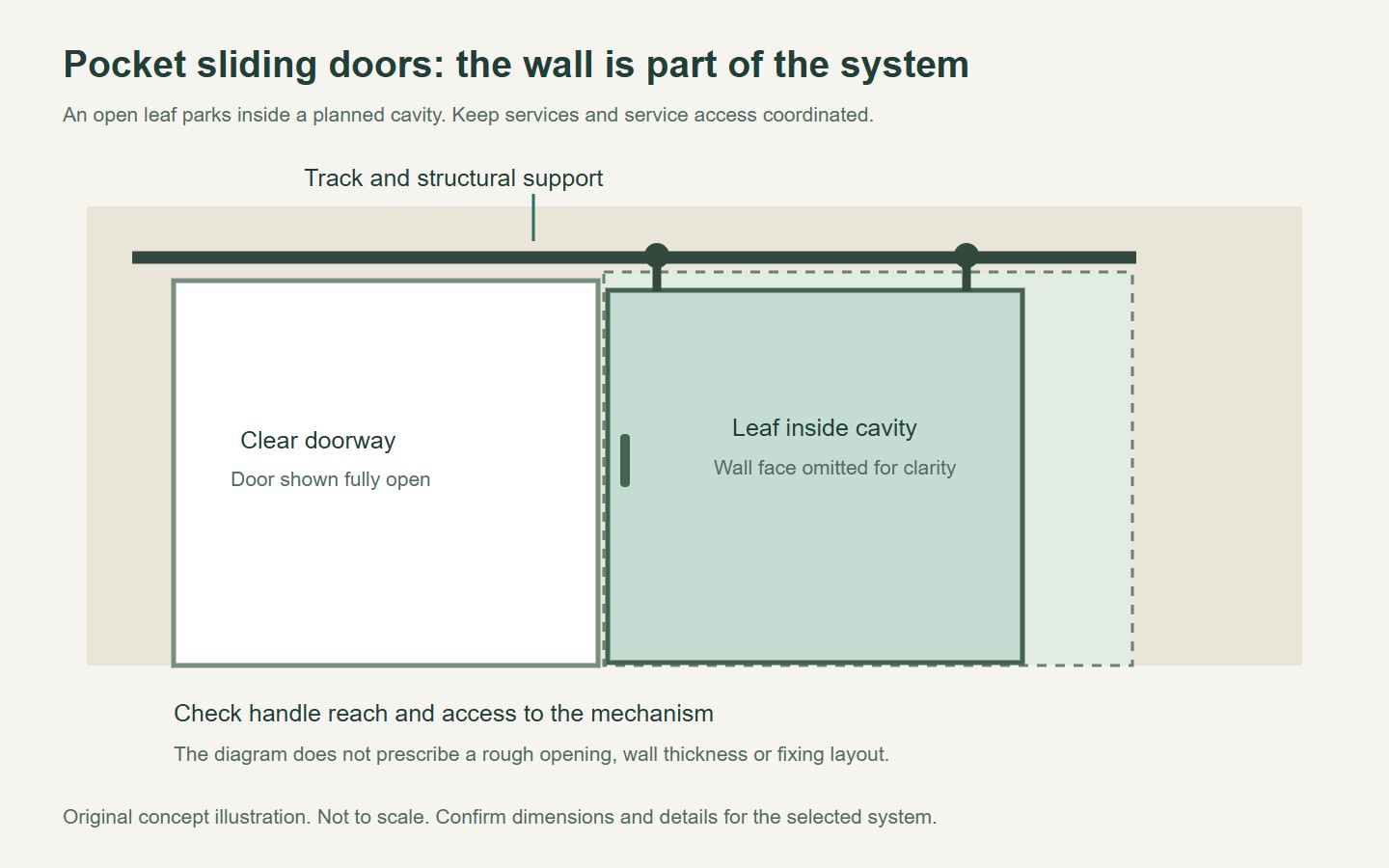 Concept cutaway showing a pocket door leaf inside the adjacent wall cavity