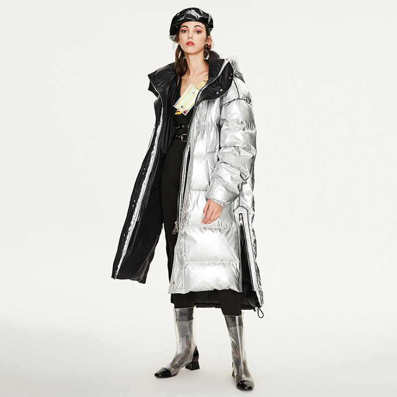 Серебряное длинное пуховое пальто для женщин