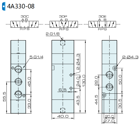 4A330C-08 4A330E-08 4A330P-08 Airtac Type Valve pilote pneumatique 5/3 Voie 0