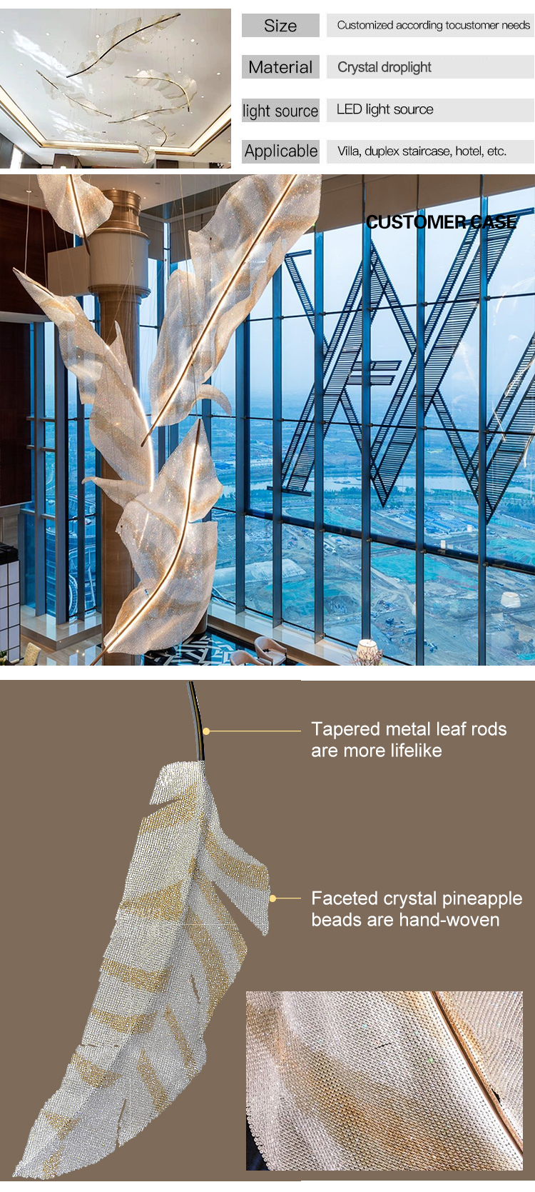 Factory direct sale modern indoor decoration hotel luxury big project chandelier pendant light