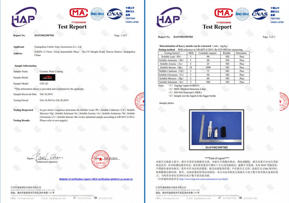 Ceramic Paint Coating Test Report