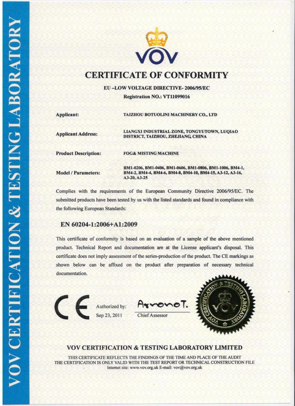 Fogging Machine CE Certificate